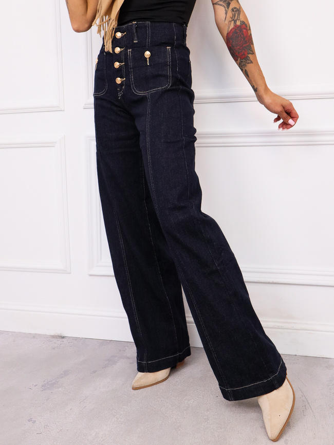 SPODNIE JEANSOWE Z PRZESZYCIAMI I KIESZENIAMI Z PRZODU- CIEMNOJEANSOWE