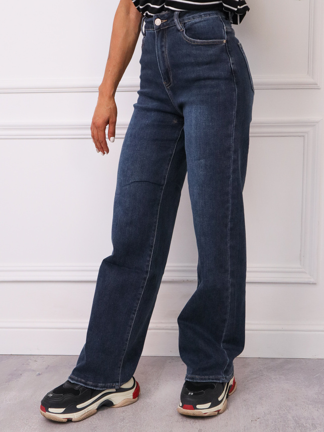 SPODNIE JEANSOWE Z SZEROKĄ NOGAWKĄ I WYSOKIM STANEM- GRANATOWE