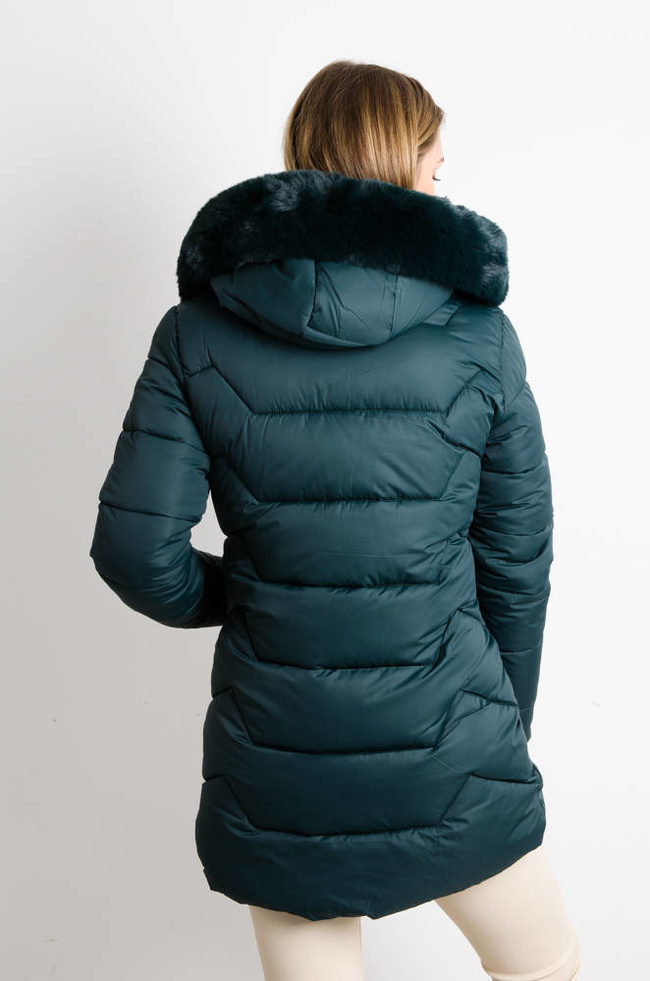 ZIELONA MATOWA KURTKA Z FUTERKIEM PRZY KAPTURZE 