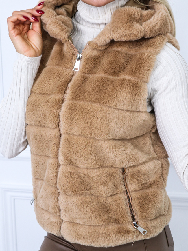 BRĄZOWA FUTRZANA KAMIZELKA - BEZRĘKAWNIK