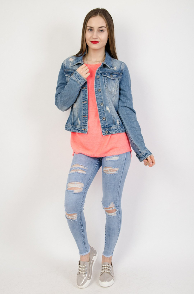  Kurtka jeansowa z jasnymi przetarciami