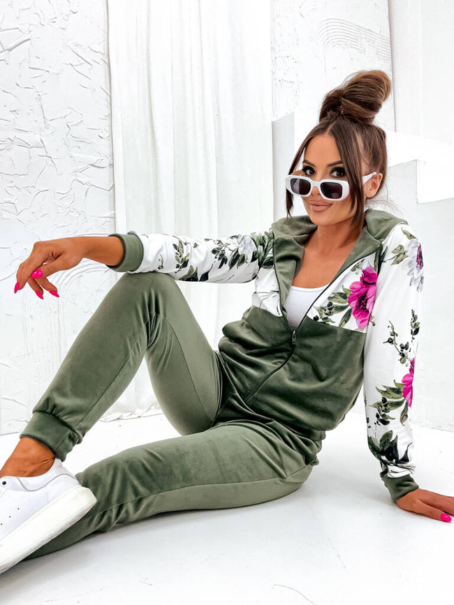 KOMPLET DRESOWY SPODNIE+ BLUZA ZAPINANA NA ZAMEK W KWIATY- KHAKI