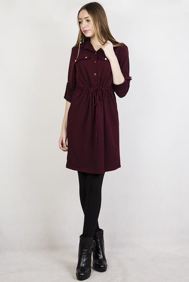 Bordowa sukienka ze ściągaczem w talii