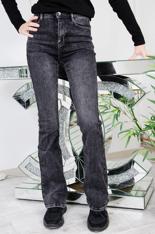 CIEMNO-SZARE SPODNIE JEANSOWE DZWONY Z WYSOKIM STANEM