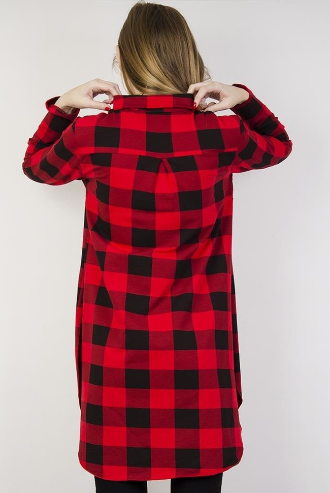 Asymetryczna koszula w kratę z złotą cekinową kieszonką