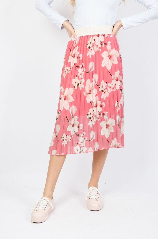PLISOWANA SPÓDNICA W KWIATY W KOLORZE RÓŻOWYM