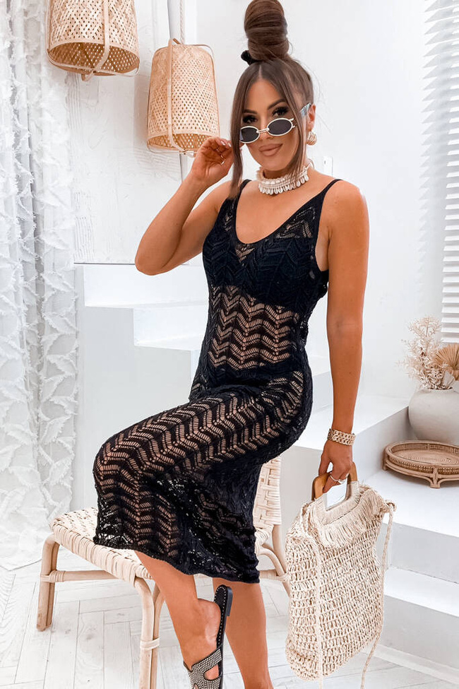 SUKIENKA MAXI AŻUROWA BOHO- CZARNA