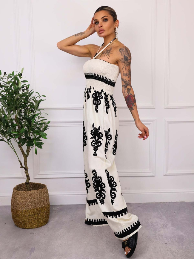 KOMBINEZON WZORZYSTY BEZ RAMIĄCZEK- BIAŁY