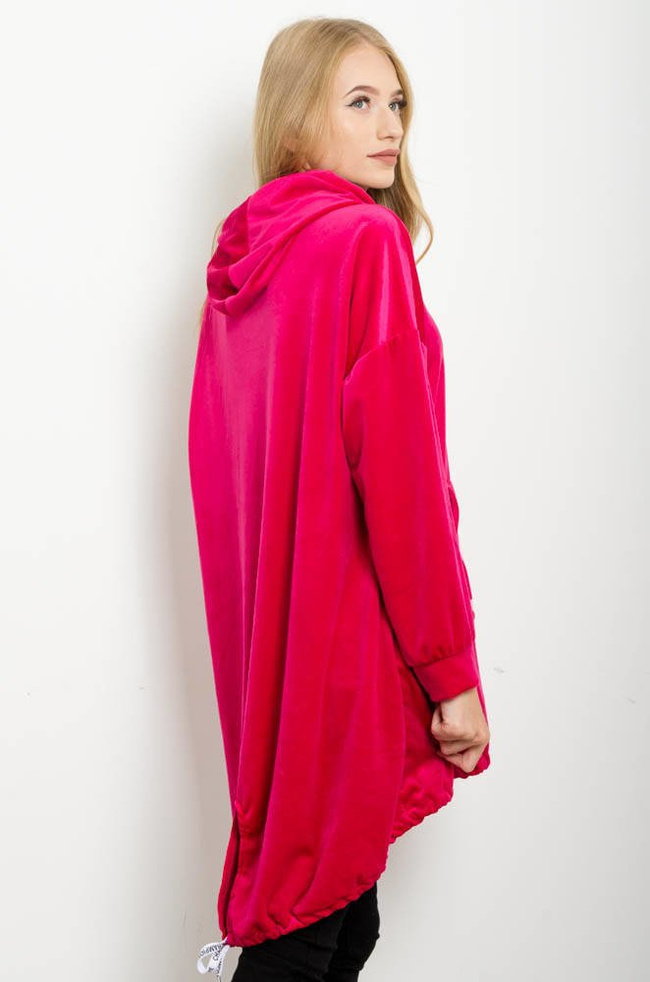 DŁUGA FUKSJOWA BLUZA Z WELURU,Z NAPISEM: LA..MU