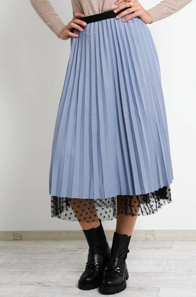 SZARA PLISOWANA SPÓDNICA MIDI Z TIULU W CZARNE KROPKI-DWUSTRONNA