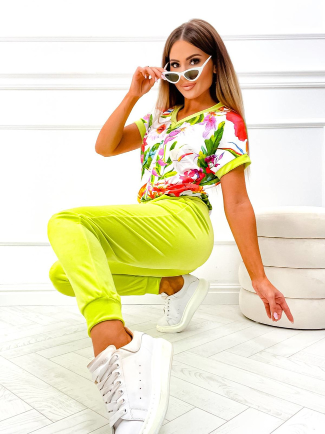 KOMPLET DRESOWY Z T-SHIRTEM W KWIECISTY WZÓR- LIMONKOWY