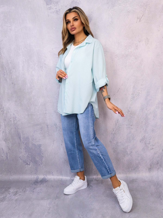 KOSZULA OVERSIZE W PASKI- TURKUSOWA