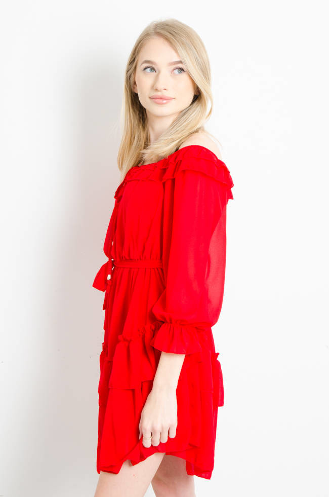 SUKIENKA SZYFONOWA  Z HISZPAŃSKIM DEKOLTEM CZERWONA 