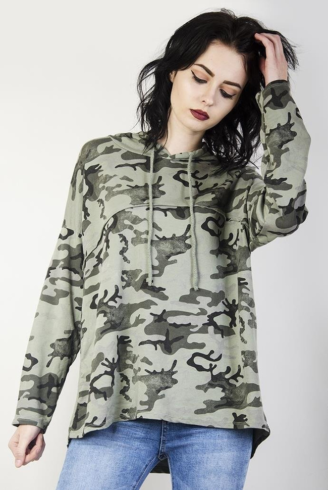 Khaki bluzka z kapturem w motyw moro