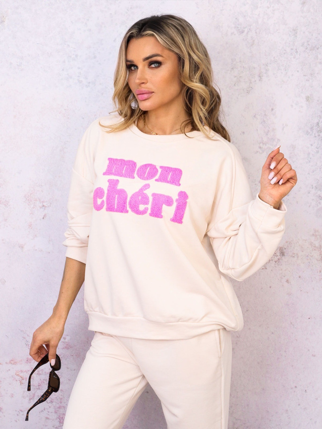 KOMPLET DRESOWY BLUZA Z NAPISEM+ SPODNIE- BEŻOWY