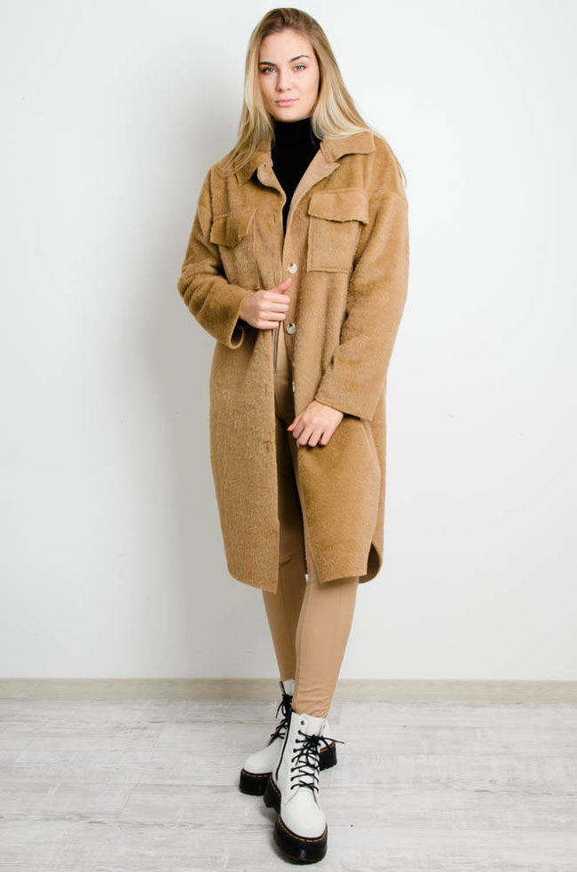 BRĄZOWY PŁASZCZ ALPAKA Z KIESZONKAMI 