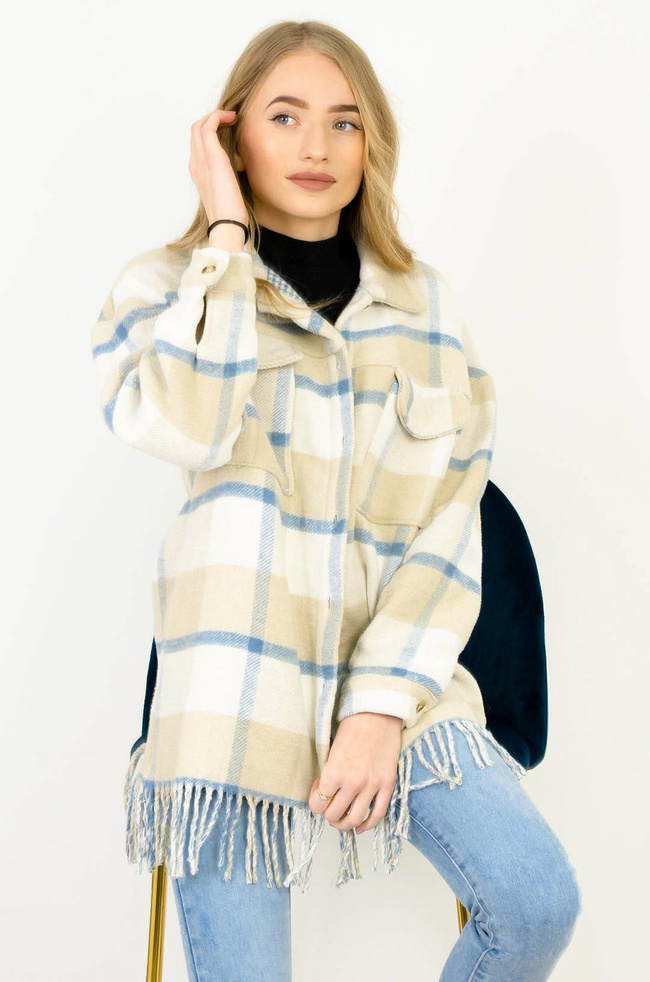 BEŻOWO-NEBIESKO-BIAŁY PŁASZCZ W KRATĘ Z FRĘDZLAMI 