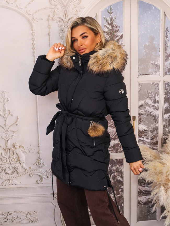 DŁUGA KURTKA PŁASZCZ WIĄZANY W PASIE Z FUTERKIEM- CZARNY