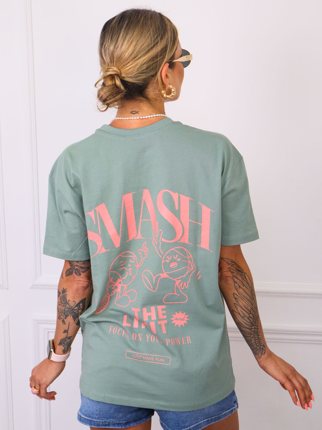 T-SHIRT Z RÓŻOWYM NAPISEM Z PRZODU I NA PLECACH- ZIELONY