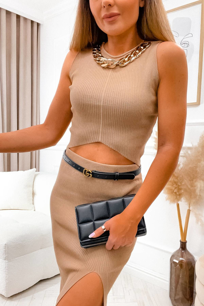 DZIANINOWY KOMPLET SPÓDNICA + TOP Z ŁAŃCUCHEM- BRĄZOWY