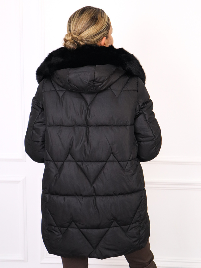 KURTKA PIKOWANA Z FUTERKIEM PRZY KAPTURZE- CZARNA