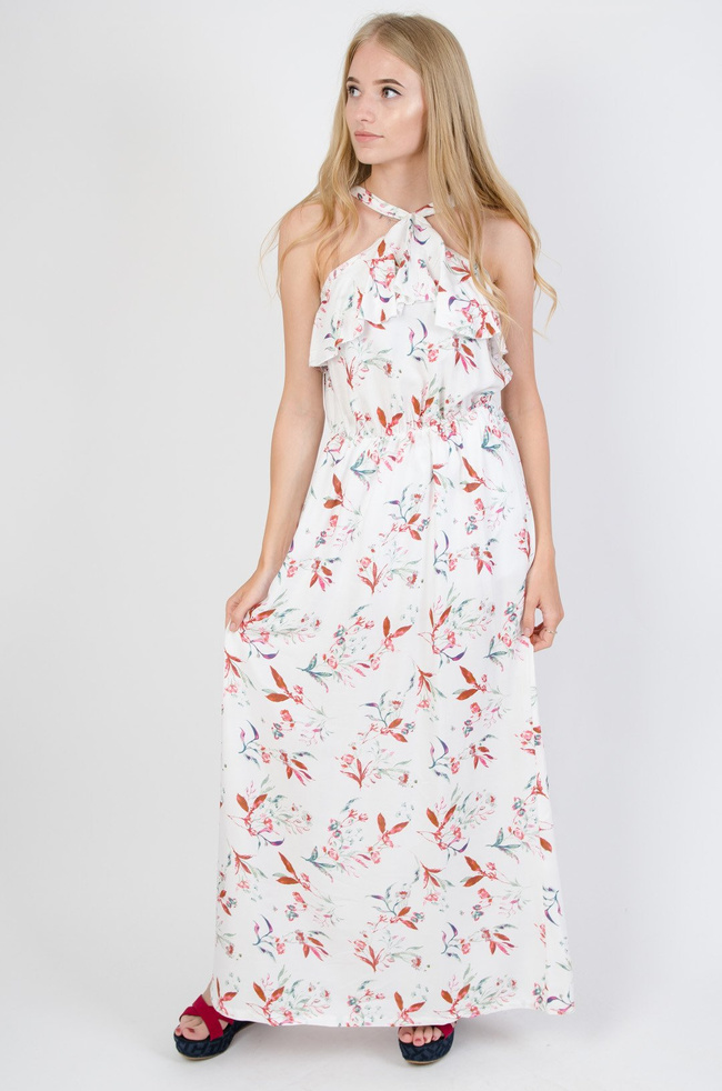 Biała sukienka z dekoltem pod szyję