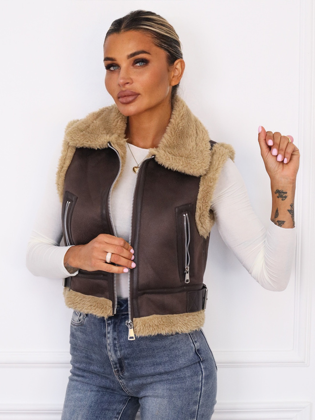 KRÓTKA KAMIZELKA BEZRĘKAWNIK Z KOŻUSZKIEM- CZEKOLADOWA