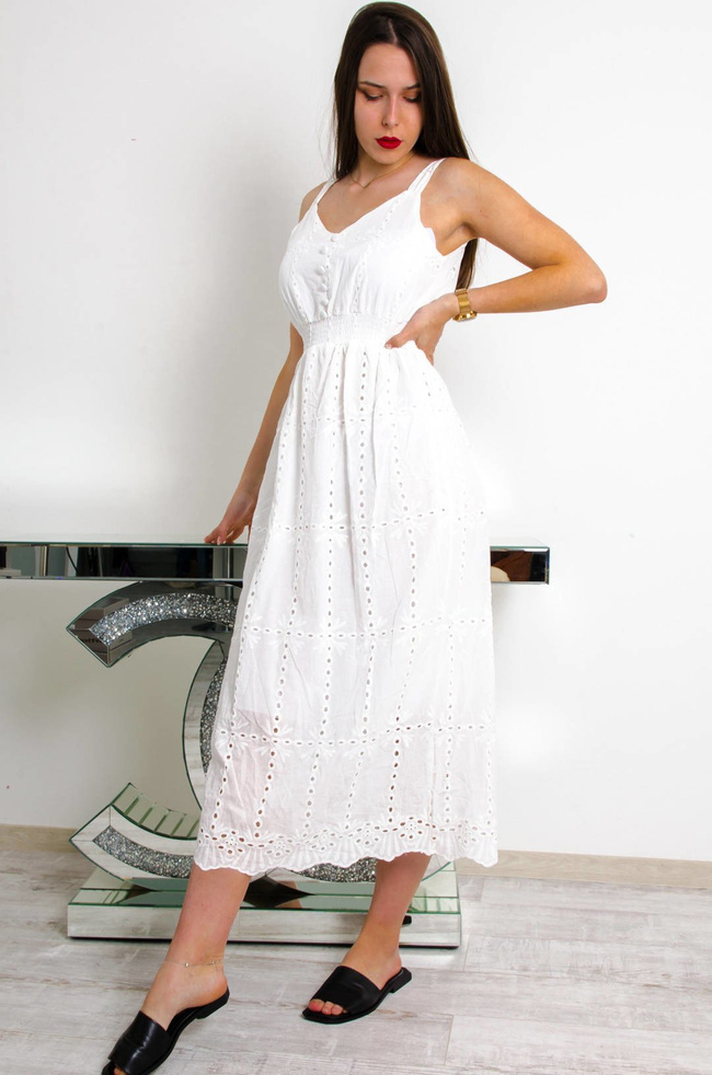 DŁUGA AŻUROWA SUKIENKA BOHO - BIAŁA