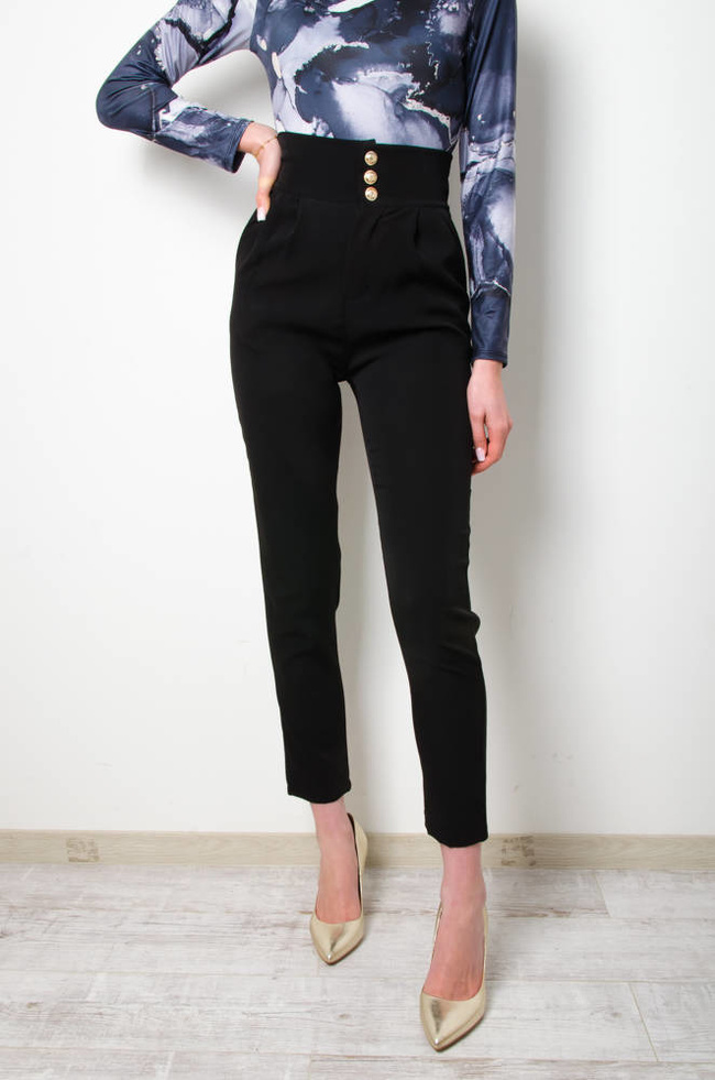 SPODNIE MATERIAŁOWE ZE ZŁOTYMI GUZIKAMI- CZARNE