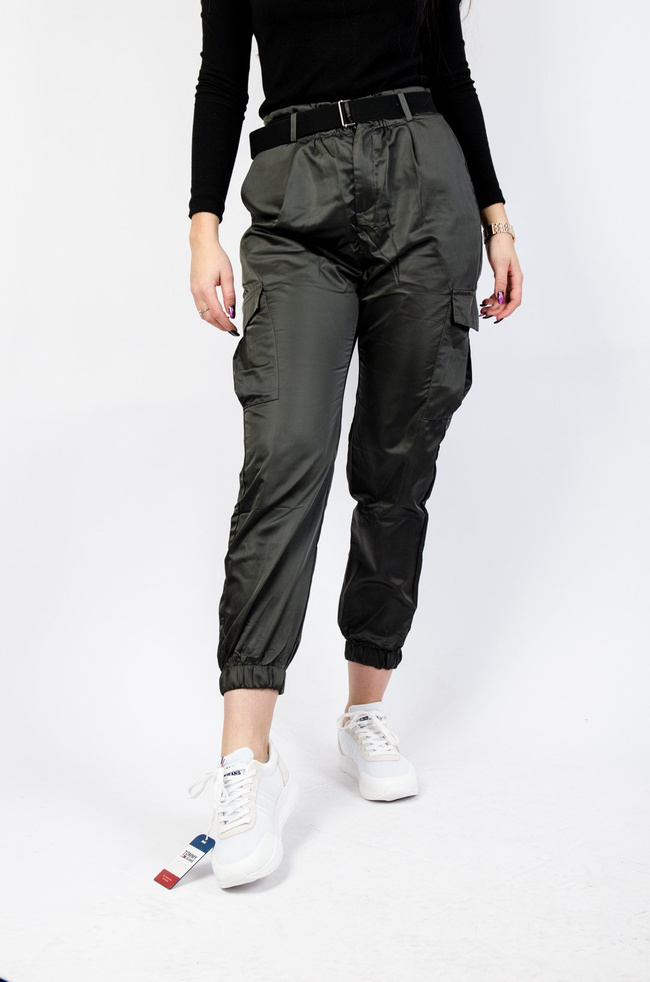 SATYNOWE SPODNIE BOJÓWKI W KOLORZE GRAFITOWYM  + PASEK