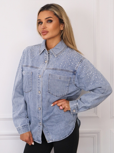 KOSZULA JENASOWA Z CYRKONIAMI NA RAMIENIU I RĘKAWIE- NIEBIESKA