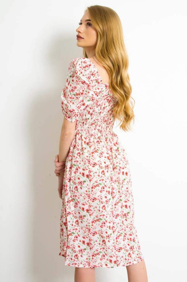 BIAŁA SUKIENKA Z BUFKAMI W RÓŻOWE KWIATY