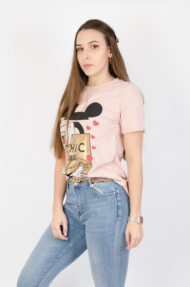 JASNO-RÓŻOWY T-SHIRT Z NADRUKIEM