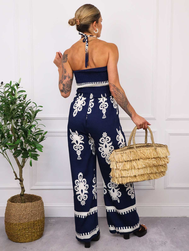 KOMBINEZON WZORZYSTY BEZ RAMIĄCZEK- GRANATOWY