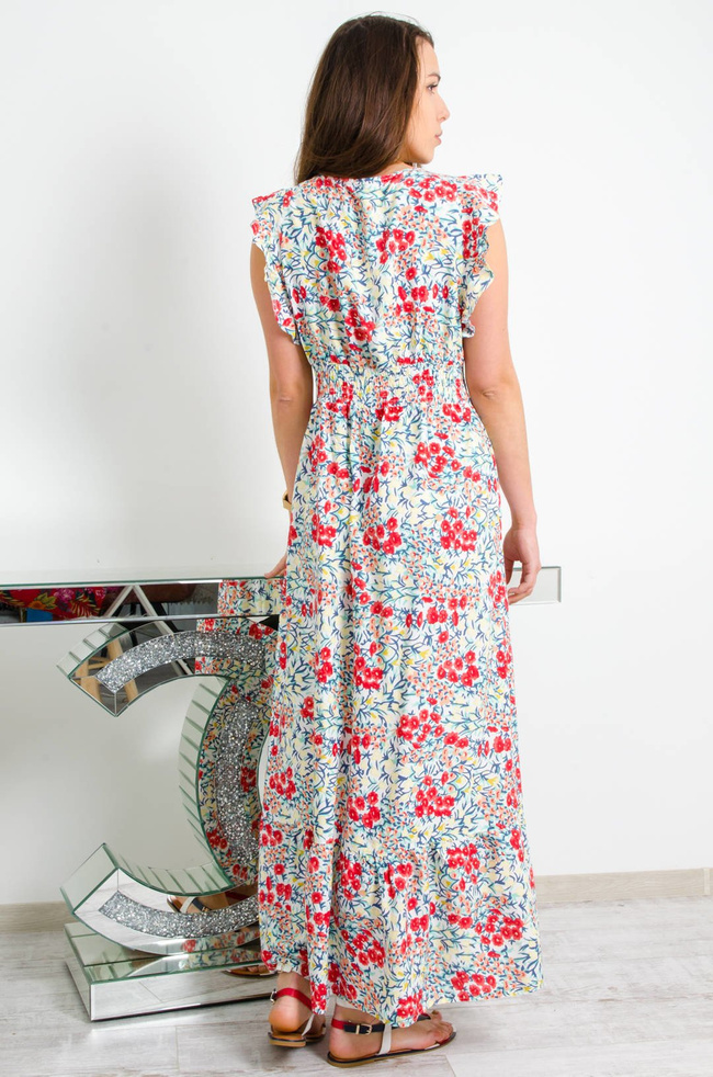 BIAŁA DŁUGA SUKIENKA W KWIATY Z KOPERTOWYM DEKOLTEM