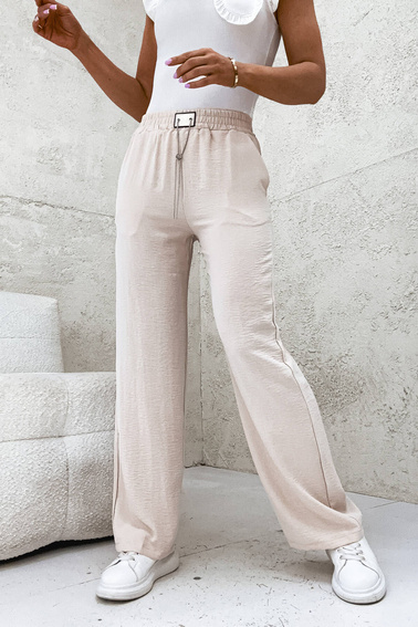 SPODNIE MATERIAŁOWE Z SZEROKĄ NOGAWKĄ I ŁAŃCUSZKIEM W PASIE- JASNO BEŻOWE