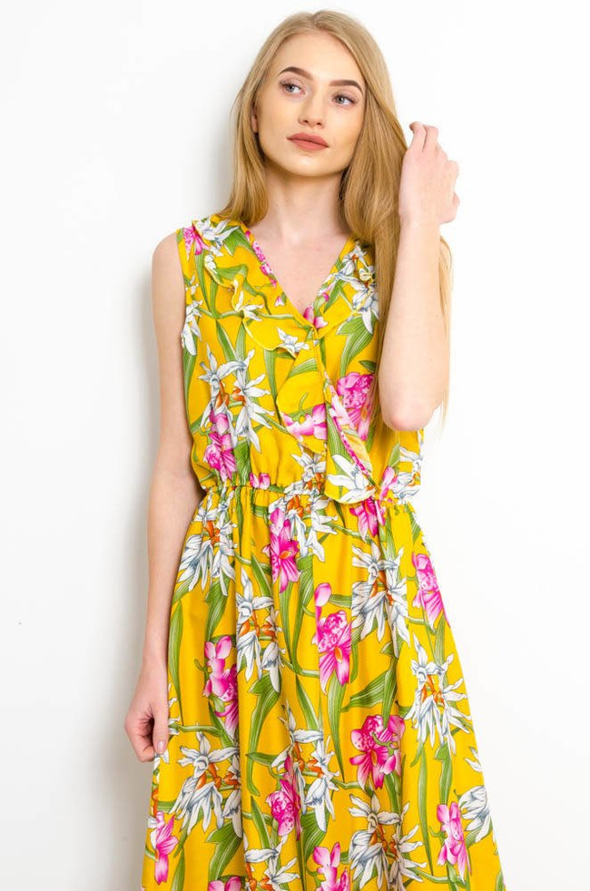ŻÓŁTA SUKIENKA MAXI W KWIATY Z FALBANKĄ W DEKOLCIE