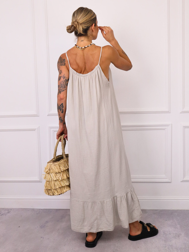 SUKIENKA MAXI MUŚLINOWA Z FALBANĄ- BEŻOWA