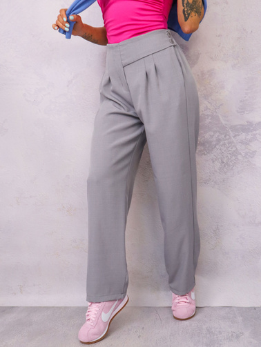 SPODNIE MATERIAŁOWE Z OZDOBNYM ZAPIĘCIEM NA BOKU- SZARE