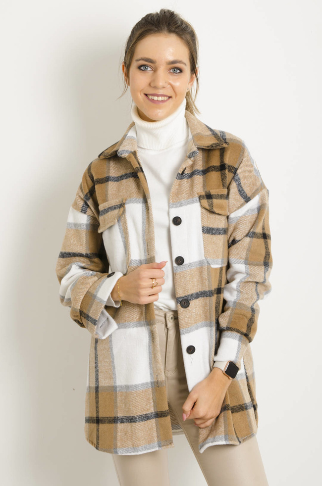 KURTKA KOSZULOWA W KRATĘ- BEŻOWA