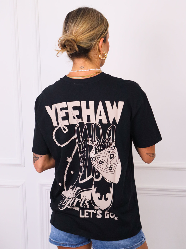 T-SHIRT Z BEŻOWĄ APLIKACJĄ Z PRZODU I NA PLECACH- CZARNY