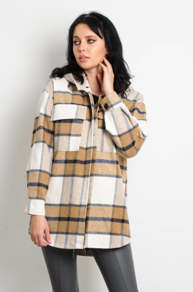 BEŻOWA KURTKA KOSZULA W KRATĘ Z KAPTUREM