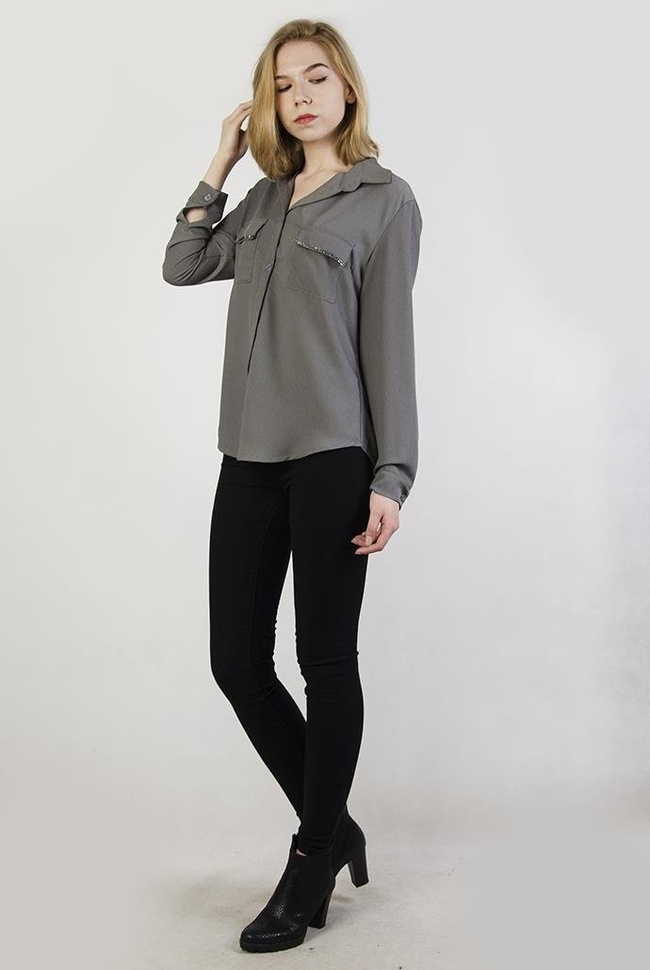 Szara koszula z cyrkoniami przy kieszonce