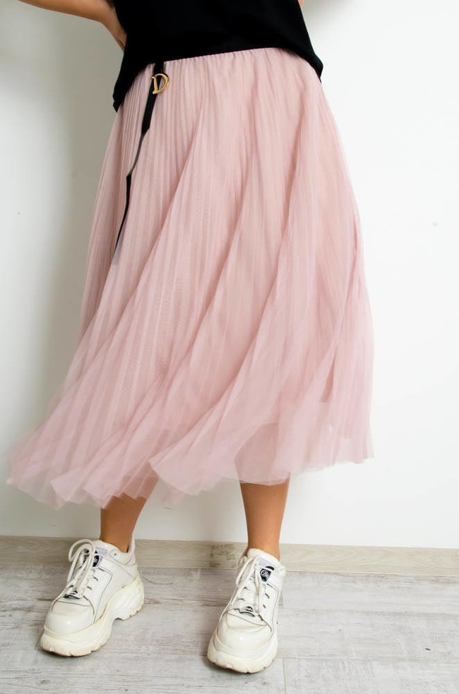 RÓŻOWA PLISOWANA SPÓDNICA MIDI Z TIULU