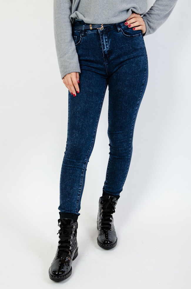 Spodnie skinny z wysokim stanem oraz falbaną w pasie