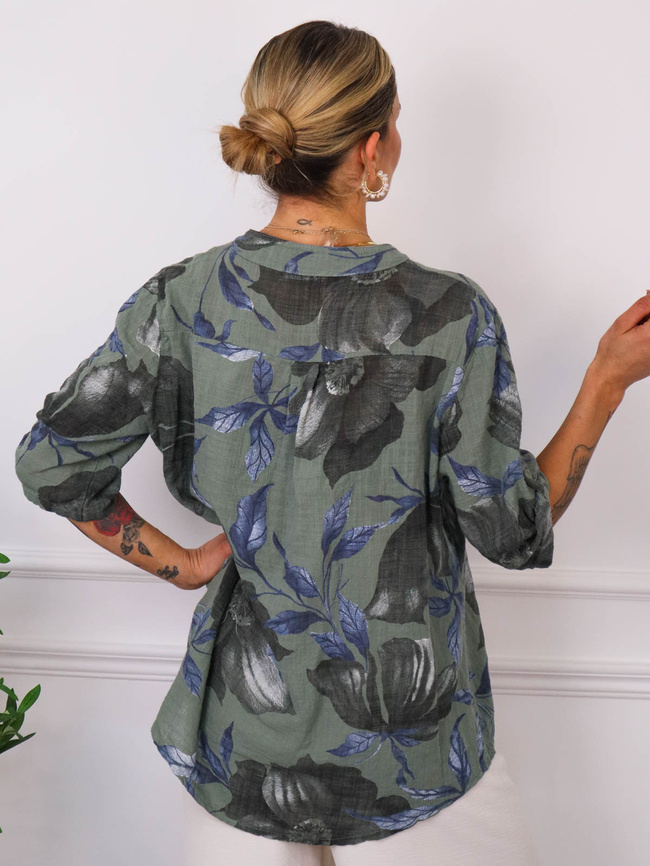 KOSZULA WZORZYSTA Z LNEM- ZIELONA