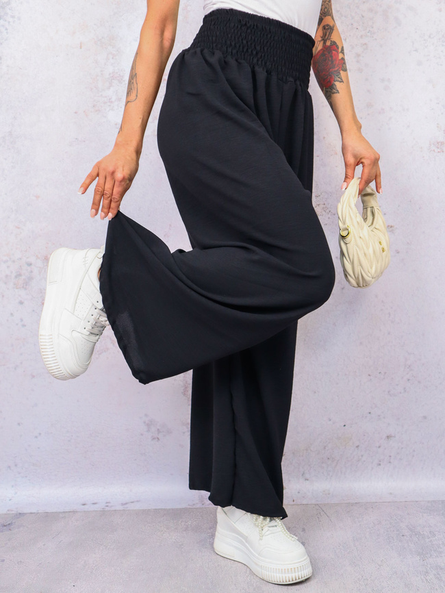 SPODNIE MATERIAŁOWE Z SZEROKIMI NOGAWKAMI I GUMĄ W PASIE- CZARNE