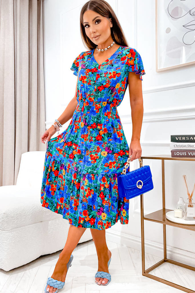 SUKIENKA MIDI Z DEKOLTEM W SEREK I GUMĄ W PASIE- NIEBIESKA