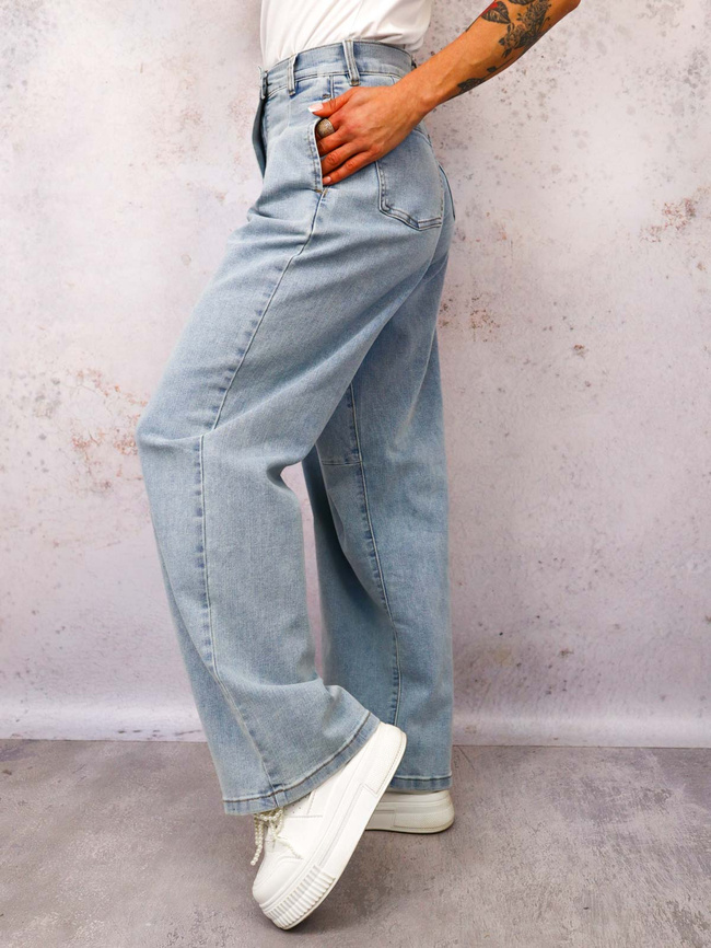 SPODNIE JEANSOWE Z SZEROKIMI NOGAWKAMI I ASYMETRYCZNYM ZAPIĘCIEM- JASNY JEANS