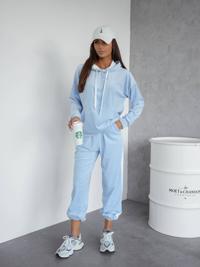 KOMPLET WELUROWY BLUZA+ SPODNIE Z KONTRASTOWYMI LAMPASAMI- NIEBIESKI